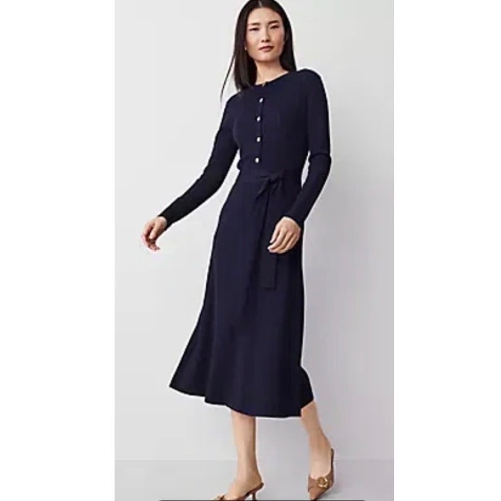Ann Taylor Navy Blue Ribbed Knit Midi Dress Gold Button Long Sleeve Small